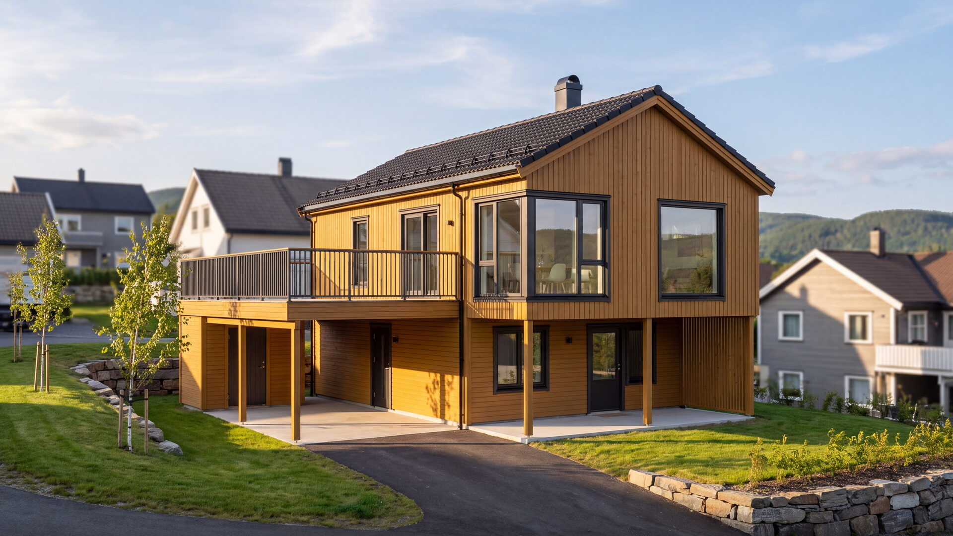 Eneboligen Jubel i gul trekledning, med terrasse over carporten