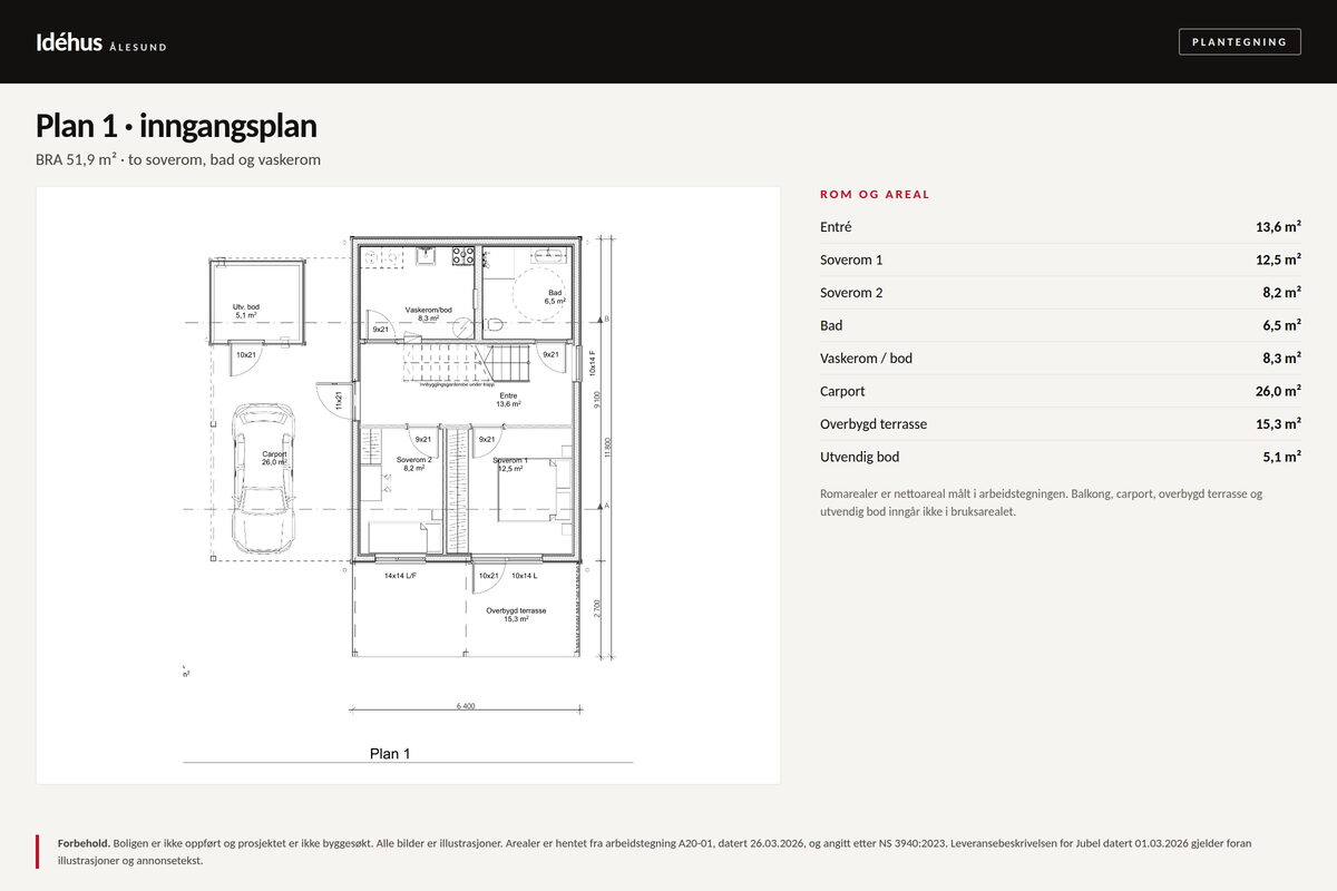 Plan 1 — inngangsplan med to soverom, bad og vaskerom — Jubel — enebolig over to plan