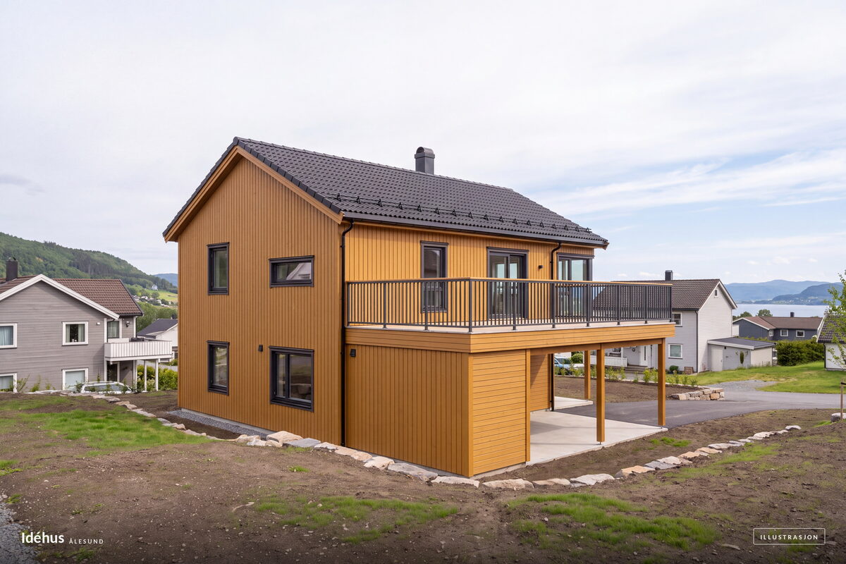 Terrassefasaden, med balkongen over carporten